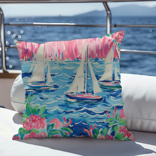 Watercolor Sailboats Pink Floral Preppy Coastal Throw Pillow