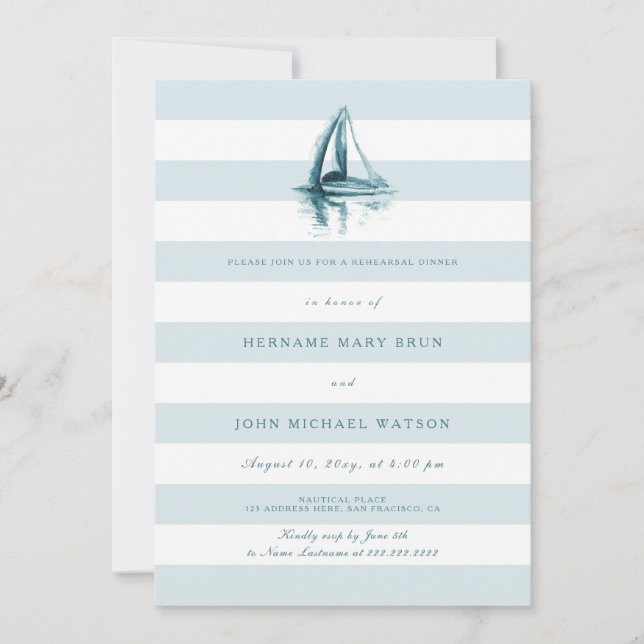 Watercolor Sailing Boat Rehearsal Dinner Invite (Front)