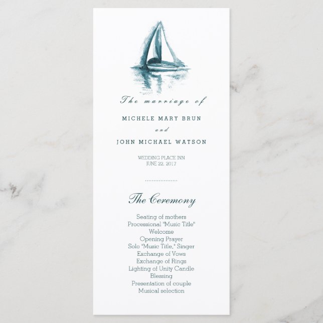 Watercolor Sailing Boat Wedding Program Rack Cards (Front)