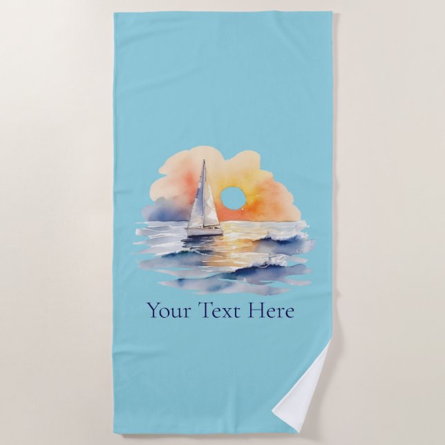 Watercolor Sailing Sailboat Nautical Sunset Ocean Beach Towel (Front)