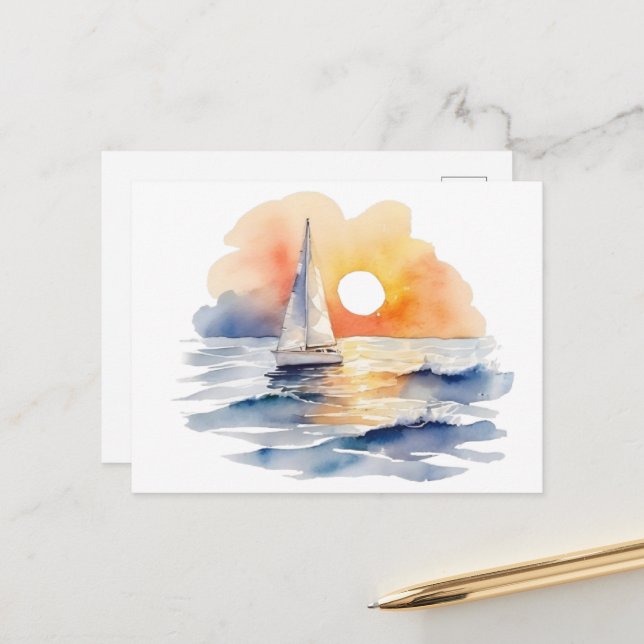 Watercolor Sailing Sailboat Nautical Sunset Ocean Postcard (Front/Back In Situ)