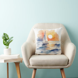 Watercolor Sailing Sailboat Nautical Sunset Ocean Throw Pillow