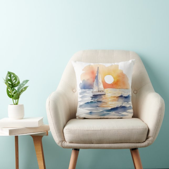 Watercolor Sailing Sailboat Nautical Sunset Ocean Throw Pillow (Chair)