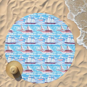Watercolor Sailing Ships Pattern Beach Towel