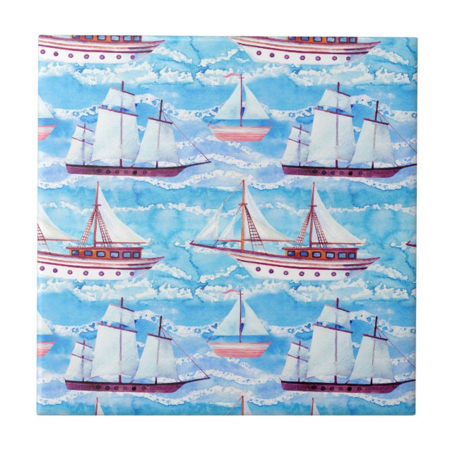 Watercolor Sailing Ships Pattern Ceramic Tile (Front)