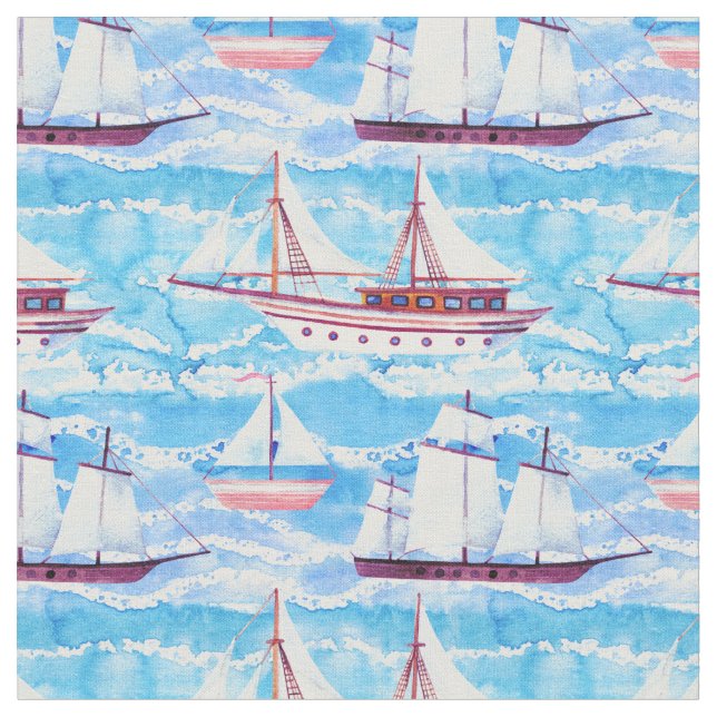 Watercolor Sailing Ships Pattern Fabric (Close Up)