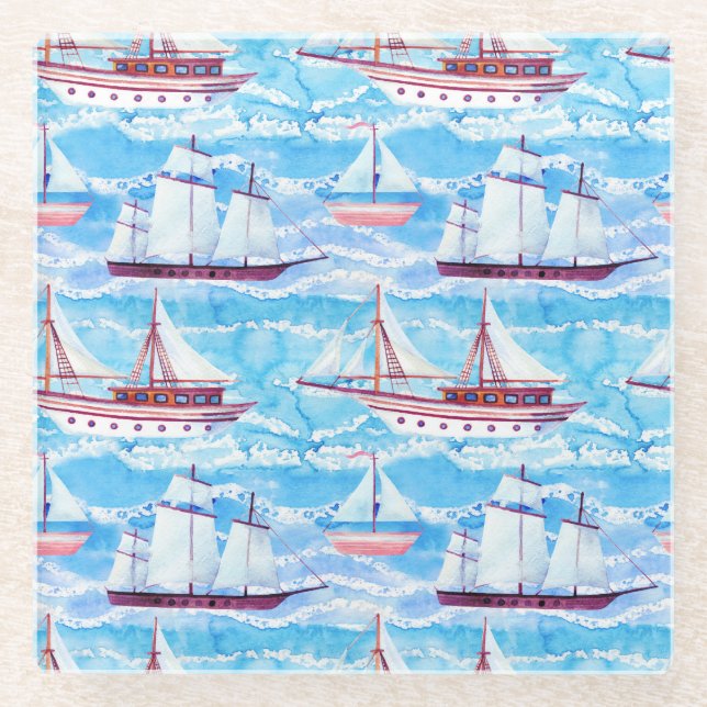 Watercolor Sailing Ships Pattern Glass Coaster (Front)
