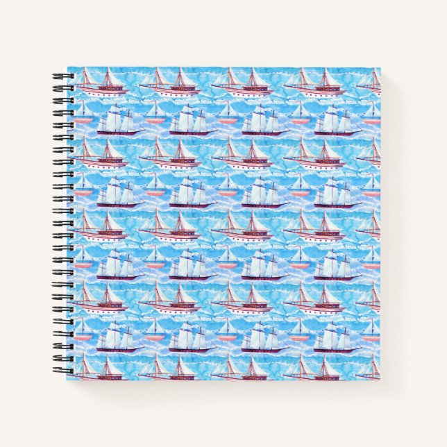 Watercolor Sailing Ships Pattern Notebook (Front)