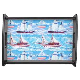 Watercolor Sailing Ships Pattern Serving Tray