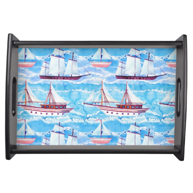Watercolor Sailing Ships Pattern Serving Tray (Front)