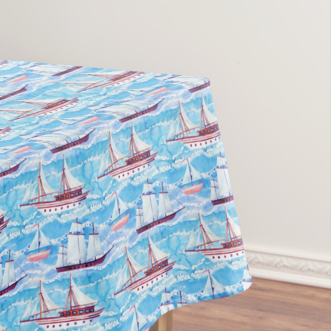 Watercolor Sailing Ships Pattern Tablecloth (In Situ)