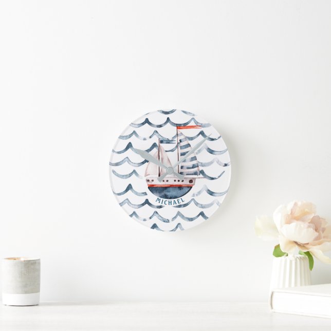 Watercolor Sailor Red And Blue Monogram Round Clock (Home)