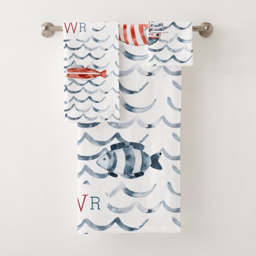 Watercolor sailor red and blue triple monogram bath towel set