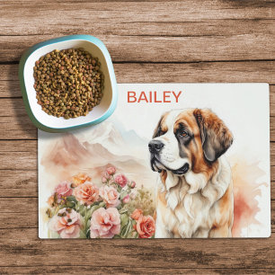 Watercolor Saint Bernard & Roses Dog Food Mat