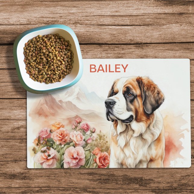 Watercolor Saint Bernard & Roses Dog Food Mat (Creator Uploaded)