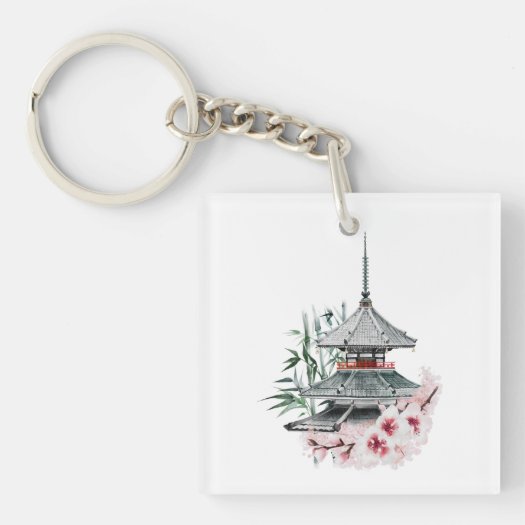 Watercolor Sakura Blossom Bamboo Japanese Temple