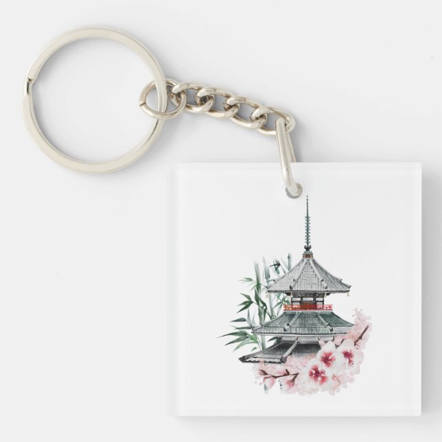 Watercolor Sakura Blossom Bamboo Japanese Temple Keychain (Front)