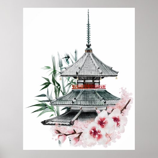 Watercolor Sakura Blossom Bamboo Japanese Temple  