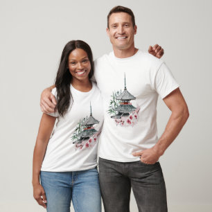 Watercolor Sakura Blossom Bamboo Japanese Temple T-Shirt