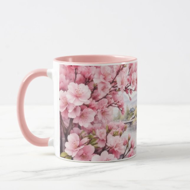 Watercolor Sakura Cherry Blossom and Mountain View Mug (Left)