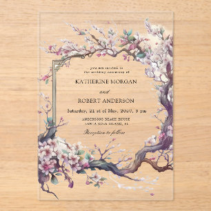 Watercolor Sakura Cherry Flower Wedding Acrylic Invitations