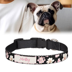 Watercolor Sakura Floral Pattern Black Pink Name Pet Collar