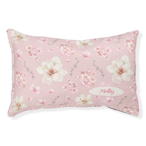 Watercolor Sakura Floral Pattern Name Pink Pet Bed