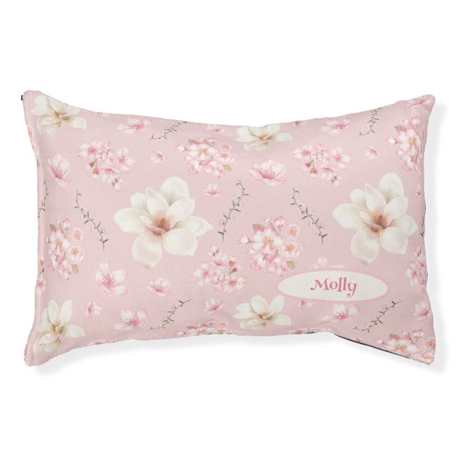 Watercolor Sakura Floral Pattern Name Pink Pet Bed (Front)