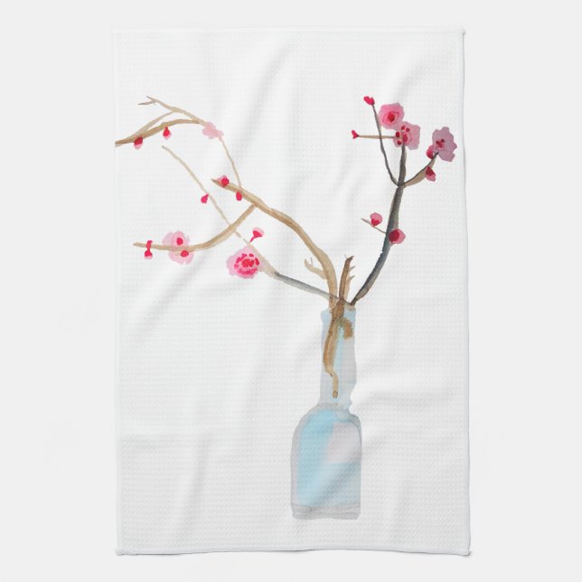 Watercolor sakura pink cherry blossom kitchen towel (Vertical)