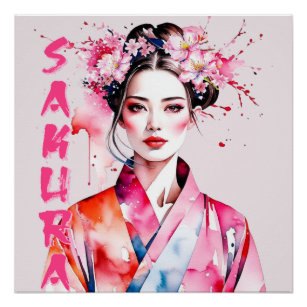Watercolor Sakura Woman Poster