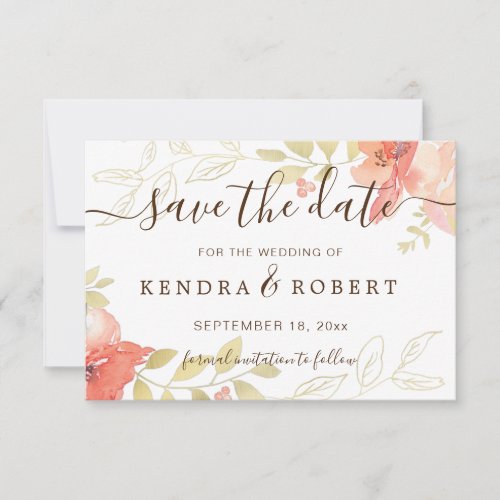 Watercolor Salmon Pink Roses  Gold Foliage Save T Save The Date