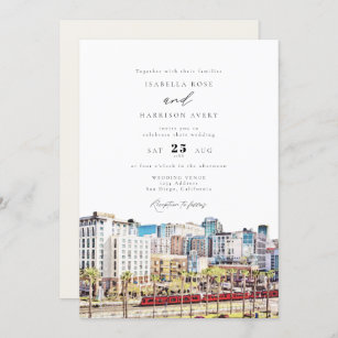 Watercolor San Diego California Skyline Wedding Invitation