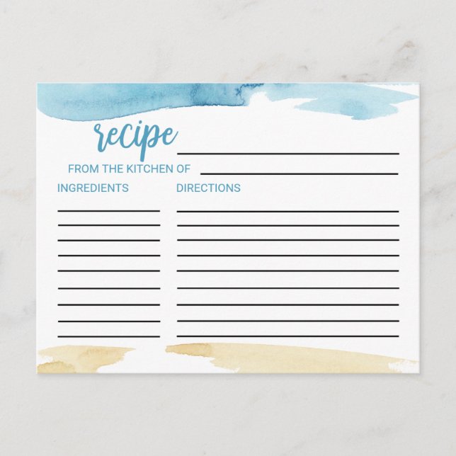 Watercolor Sand and Sea Bridal Shower Recipe Cards (Front)