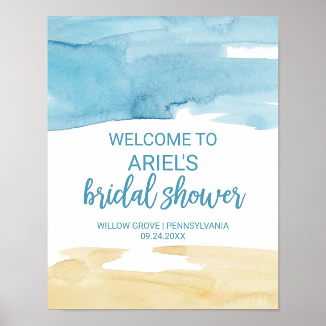 Watercolor Sand and Sea Bridal Shower Welcome Poster (Front)