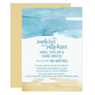 Watercolor Sand and Sea Salty Kisses Wedding Card