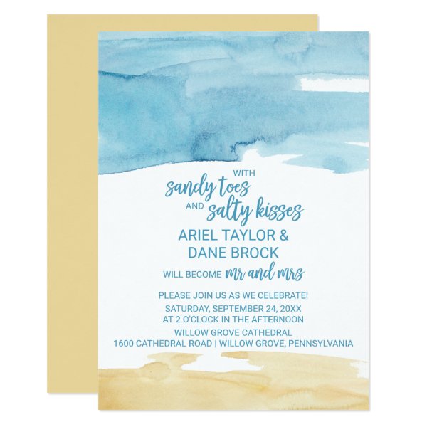 256885299067110596 Watercolor Sand and Sea Salty Kisses Wedding Invitation