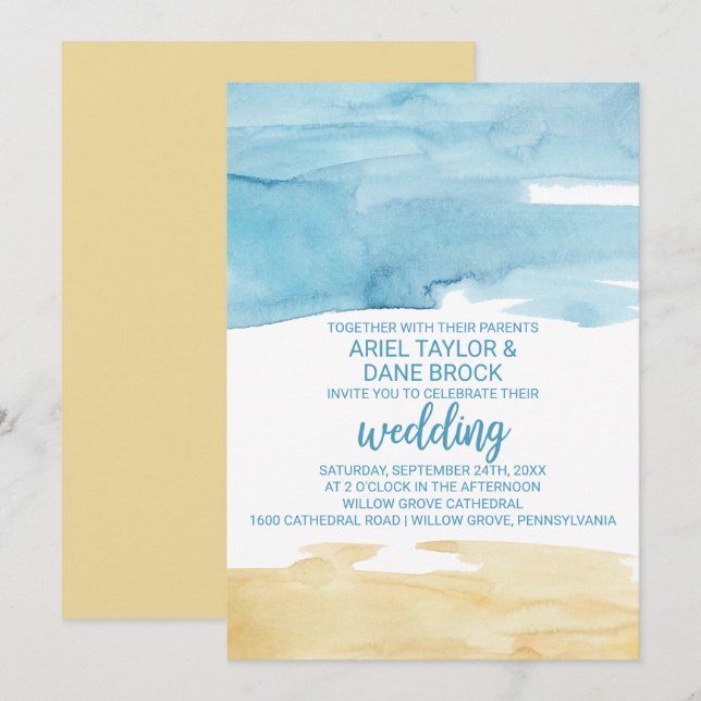 Watercolor Sand and Sea Wedding Invitation (Front/Back)