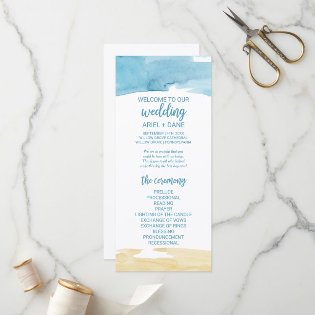 Watercolor Sand and Sea Wedding Program (Front/Back In Situ)