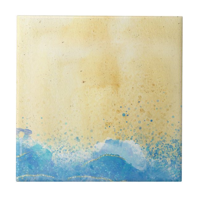 Watercolor Sand and Water Beach Ceramic Tile (Front)