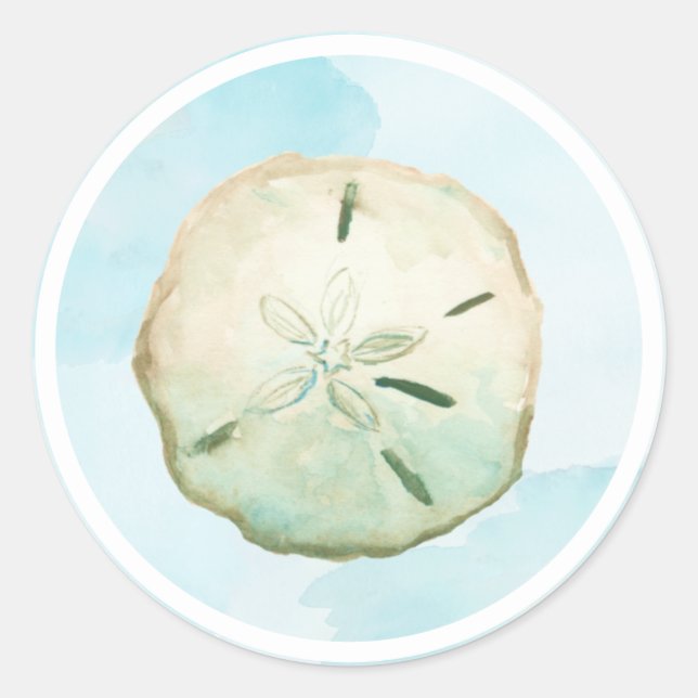 Watercolor Sand Dollar Beach Blue Classic Round Sticker (Front)