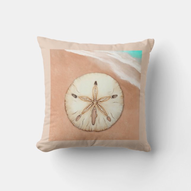 Watercolor Sand Dollar on the Beach Outdoor Pillow (Front)