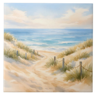 Watercolor Sandy Beach and Ocean Illustration  Ceramic Tile