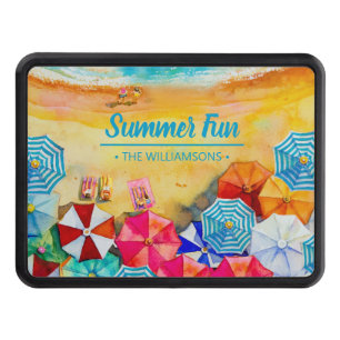 Watercolor Sandy Beach Colorful Umbrellas Hitch Cover
