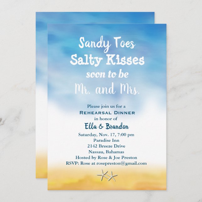 Watercolor Sandy Toes Rehearsal Dinner sky & sand Invitation (Front/Back)