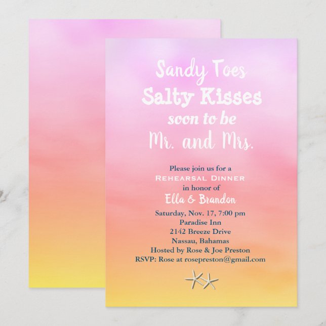 Watercolor Sandy Toes Rehearsal Dinner sunset Invitation (Front/Back)