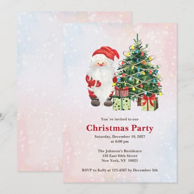 Watercolor Santa and Christmas Tree with gifts  Invitation (Front/Back)