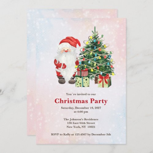 Watercolor Santa and Christmas Tree with gifts  Invitation