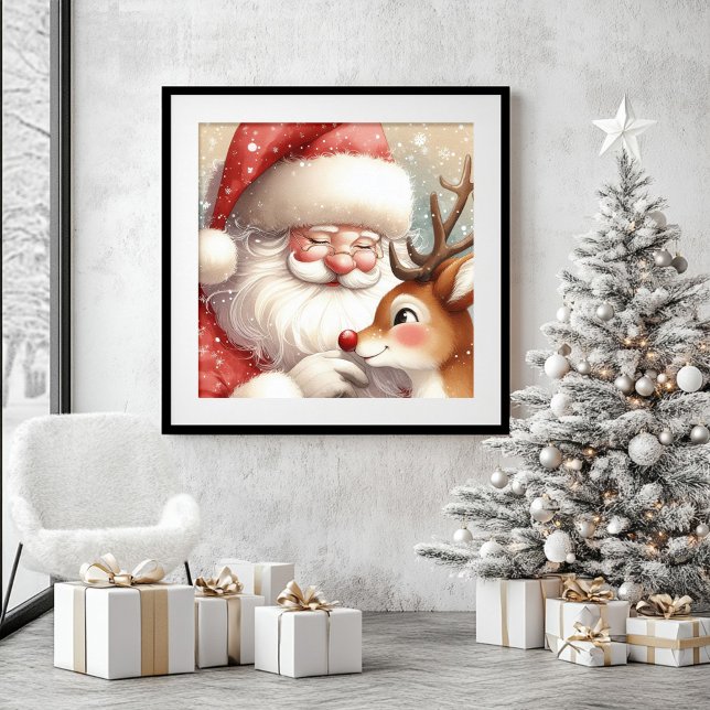 Watercolor Santa and Rudolph Christmas Wall Art  (Watercolor Santa and Rudolph Christmas Wall Art Decor)