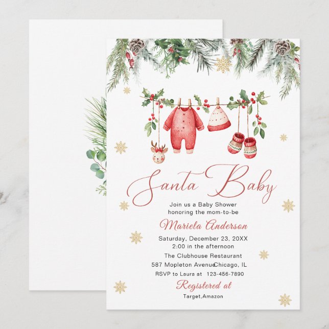 Watercolor Santa Baby Winter  Baby Shower mom-to-b Invitation (Front/Back)