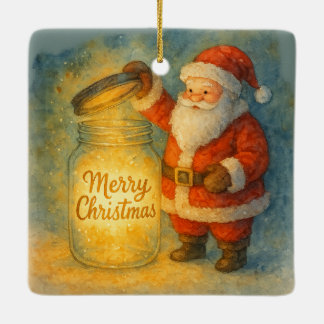 Watercolor Santa Christmas Glowing Jar Holiday Ceramic Ornament